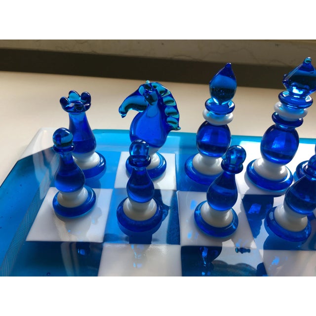 Chess board Scacchiera in vetro di Murano rare made in Italy , white and blue Murano glass All hand made glass all figure...