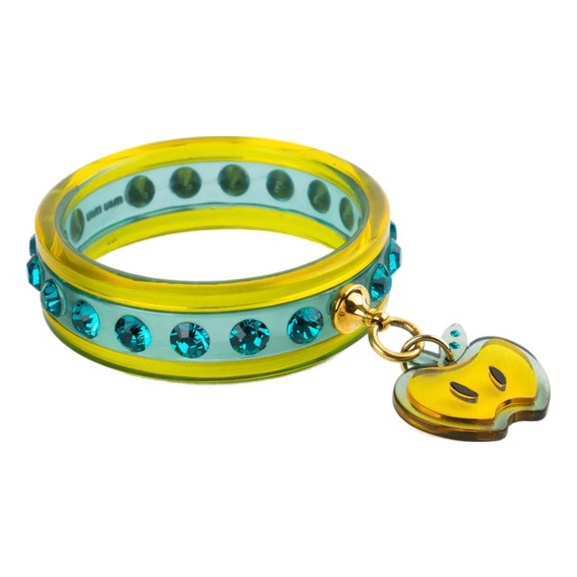 Miu Miu Turquoise and Yellow Acrylic Jeweled Bracelet Bangle With Apple Charm For Sale