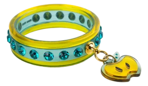 Miu Miu Turquoise and Yellow Acrylic Jeweled Bracelet Bangle With Apple Charm