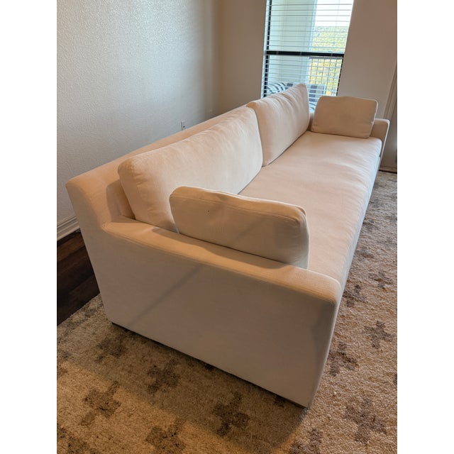 2020s Restoration Hardware 9' Belgian Track Arm Bench-Cushion Sofa in Perennials Performance Linen For Sale - Image 5 of 8