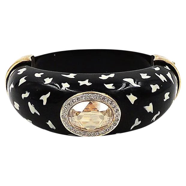 Vintage 1980s Italian Black Spotted Rhinestone Cuff Bracelet For Sale