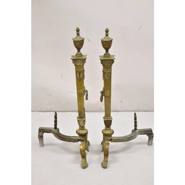 Late 19th Century Antique French Empire Bronze Urn Finial Fireplace Andirons With Paw Feet - a Pair For Sale - Image 5 of 12