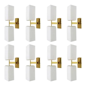 Set of Eight Italian Modern Sconces With White Murano Glass on Brass, 1990s