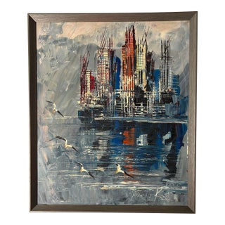 1980s Mid Century Modern Oil Painting signed and dated Katz 1985 For Sale