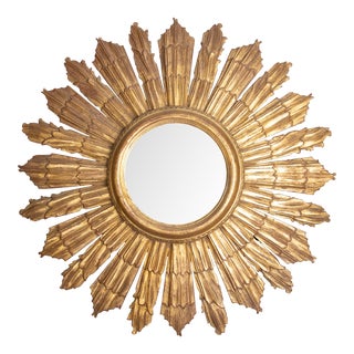 Large Vintage French Giltwood Convex Sunburst Mirror For Sale