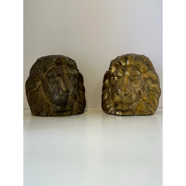Brass Pair of Vintage Hollywood Regency Brass Lion Head Bookends or Bookshelf Decor For Sale - Image 8 of 8