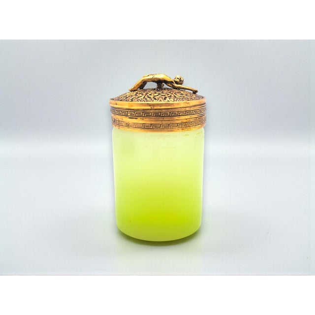 Lemon yellow opaline Murano glass jewelry box, with the original "Made in Murano Italy" label, produced in the 1950s. The...