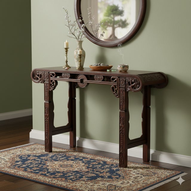 Brown Vintage Oriental Brown Scroll End RuYi Apron Altar Console Table For Sale - Image 8 of 12