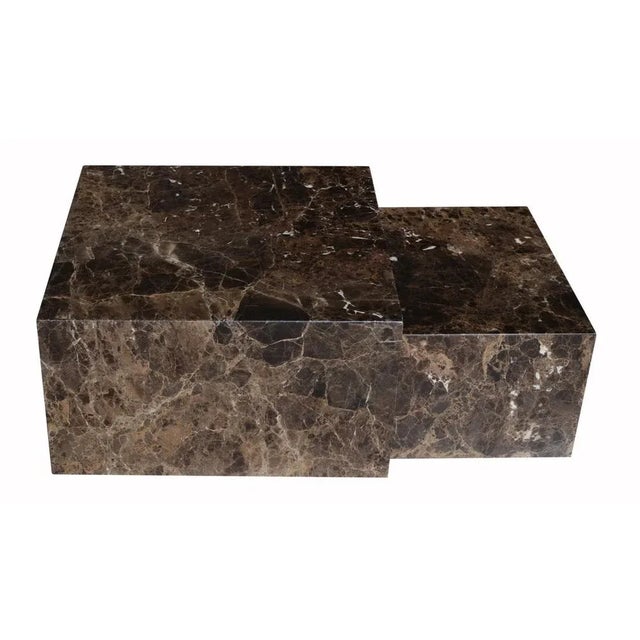 Italian design style set of two coffee or nesting tables in brown emprerador marble handcrafted by our craftmen. a...