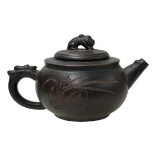 Chinese Chocolate Brown Yixing Zisha Clay Teapot Characters Accent For Sale