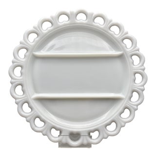 Vintage Anchor Hocking “Old Colony” White Milk Glass Divided Serving Platter With Open Lace Heart Border For Sale