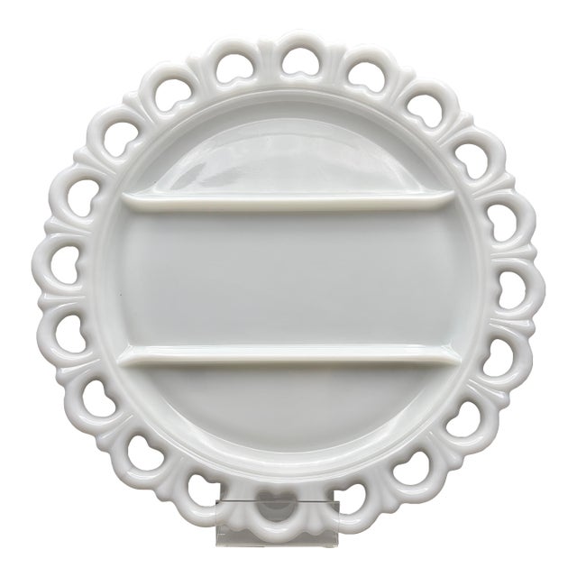 Vintage Anchor Hocking “Old Colony” White Milk Glass Divided Serving Platter With Open Lace Heart Border For Sale