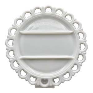 Vintage Anchor Hocking “Old Colony” White Milk Glass Divided Serving Platter With Open Lace Heart Border