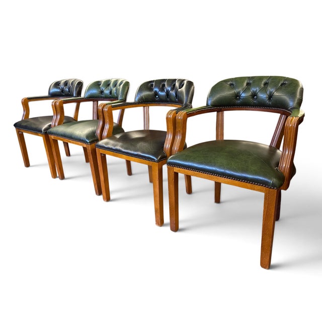 English Armchairs in Green Leather, Set of 4 For Sale - Image 4 of 8