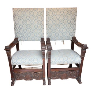 Mid 18th Century Matching Pair of Carved Walnut Antique Throne Chairs For Sale