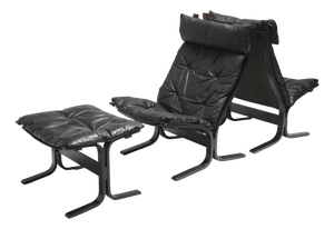 Highback Siesta Chairs and Ottoman in Black Leather and Plywood by Ingmar Relling for Westnofa, 1960s, Set of 3