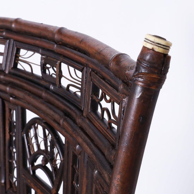 Wood Chinese Export Bamboo and Rattan Pair of Chairs and Stand For Sale - Image 7 of 15