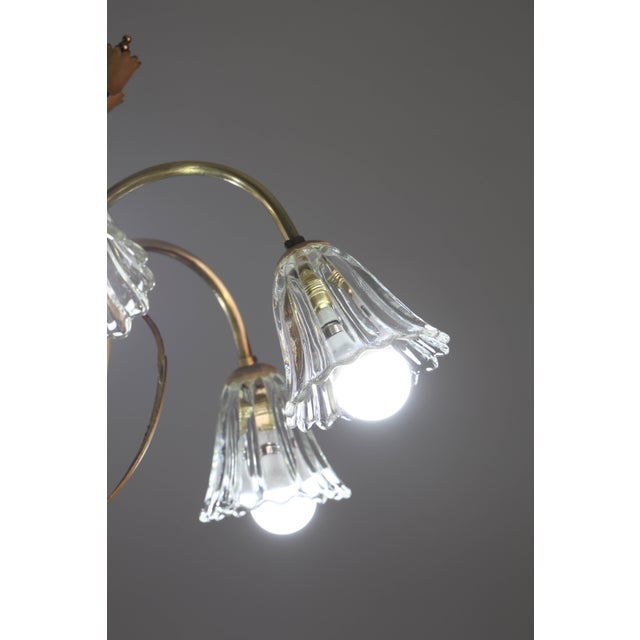 Brass 1950 Art Decò Murano Glass and Brass Chandelier, 6 Light For Sale - Image 8 of 18