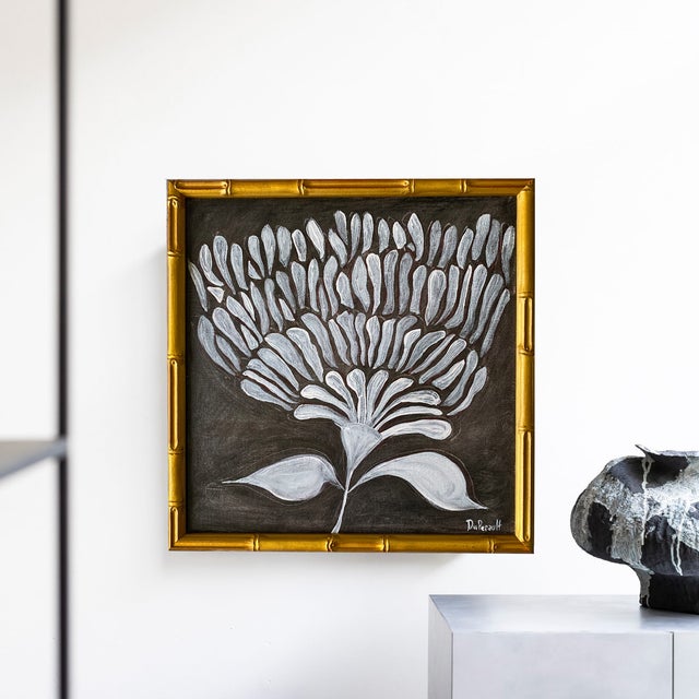 2020s Original Framed Botanical Flower Painting, Black White Wall Art, Acrylic Oil on Canvas in Gold Bamboo Frame, 13x13 Dramatic Boho Home Decor For Sale - Image 5 of 5