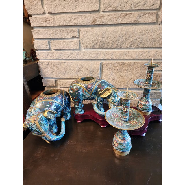 18th Century Important Pair Gilt Bronze and Cloisonne Elephant Altar Candle Holders For Sale - Image 9 of 13
