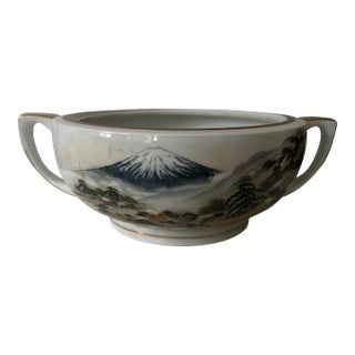 Vintage Kutani Hand-Painted Mount Fuji Porcelain Bowl With Handles For Sale