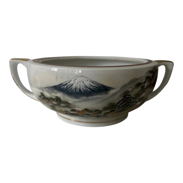 Vintage Kutani Hand-Painted Mount Fuji Porcelain Bowl With Handles For Sale