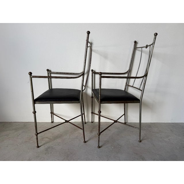 Metal Vintage Alberto Orlandi Giacometti-Style Metal Armchairs With Black Leather Seats – Pair For Sale - Image 7 of 17