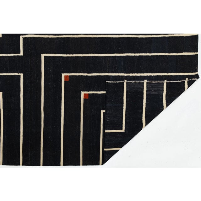 Modern Modern Geometric Kilim Wool Rug With Architectural Line Art & Crimson Accents For Sale - Image 3 of 12