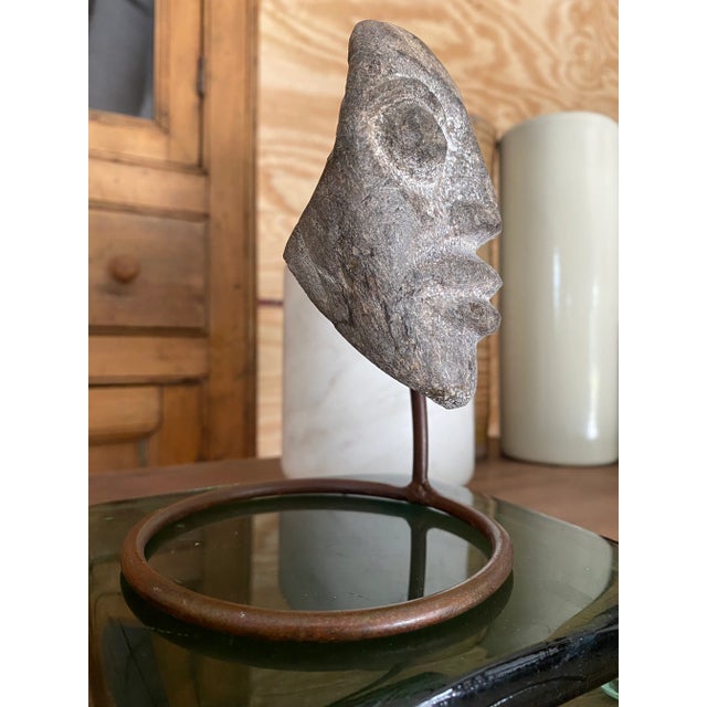 Surrealist Carved Stone Face Sculpture Steel Base Tribal Style Raw Wood Pedestal For Sale - Image 12 of 17
