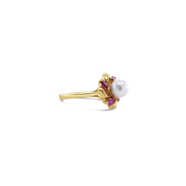 Contemporary Pearl Center with Marquise Ruby Accent Ring 14k Yellow Gold, Size 6.5 For Sale - Image 3 of 5