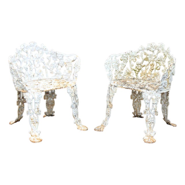 Mid 20th Century Victorian Style Pair Cast Iron Grapevine Leaves Garden Chairs For Sale