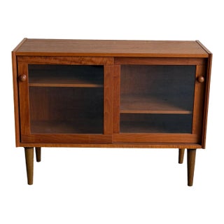 Danish Teak Glass Door Cabinet Small Display Case Low Bookcase Storage Unit Denmark 1960s For Sale