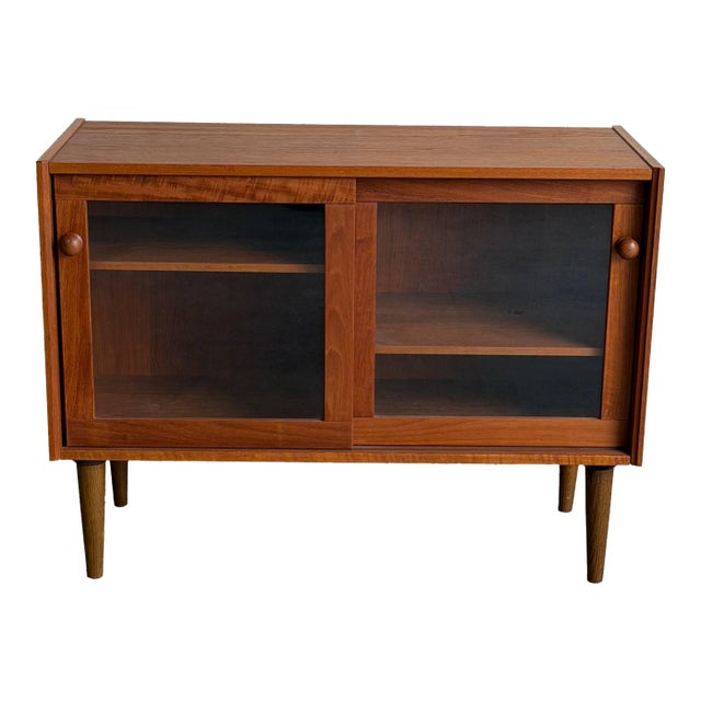 Danish Teak Glass Door Cabinet Small Display Case Low Bookcase Storage Unit Denmark 1960s For Sale