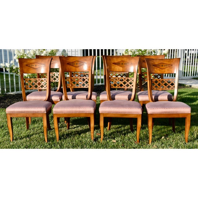 Brown Vintage Brass Inlay Chairs Vintage Italian Regency Style Dining Chairs Set of 8 For Sale - Image 8 of 18