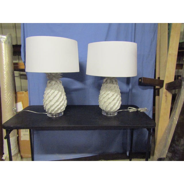 Ceramic Pineapple Lamps with White Glaze and Drum Shades - a Pair For Sale In West Palm - Image 6 of 7