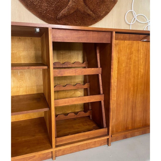 Wood Custom Made Buffet Credenza With Lighted Wine Bar and Hidden Bar Cart For Sale - Image 7 of 17