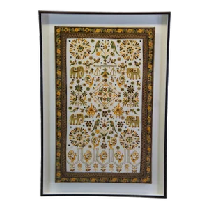 Large Indian Embroidered Needlepoint Tapestry Shadowbox Floral Elephant Bird