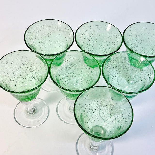 Glass Vintage Italian Rustic European Controlled Bubble Hand Blown Glass Wine Goblets - Set of 7, After Murano For Sale - Image 7 of 9