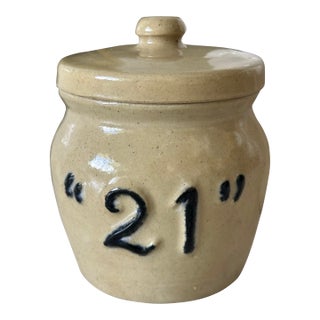 Vintage “21” Club Stoneware Lidded Condiment Jar – Iconic New York Restaurant Collectible For Sale