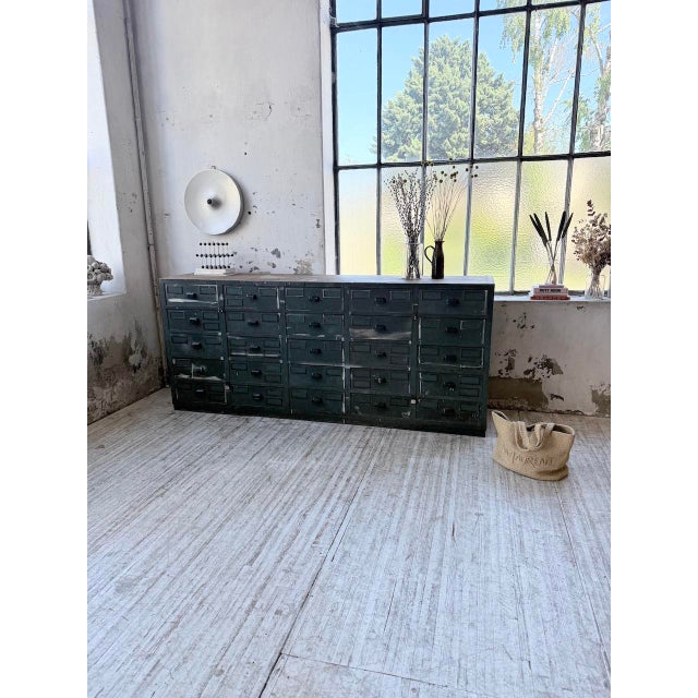Industrial Blue Patinated Oak and Beech Workshop Cabinet with Drawers, 1950s For Sale - Image 3 of 18