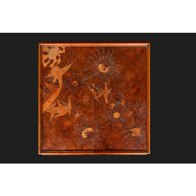 Game Table in Walnut and Veneer Marquetry with Floral Decoration of Thistles by Emile Galle, 1910s For Sale - Image 14 of 17