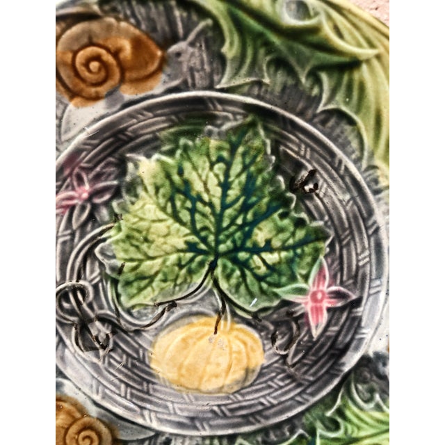 French Majolica plate with pumpkin & snail Onnaing, circa 1890. Rare gray background.