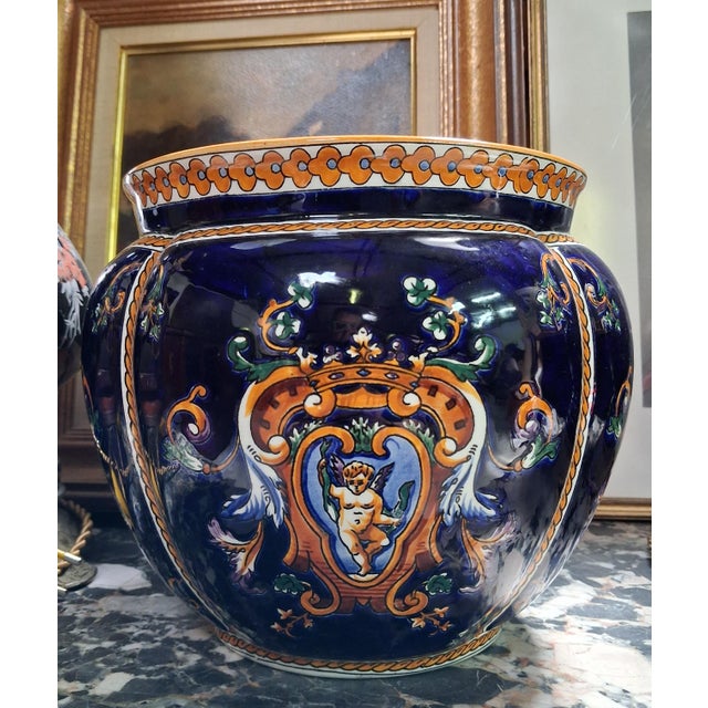 Renaissance Style Glazed Earthenware Cachepot with Heraldic Decoration from Gien For Sale - Image 4 of 8