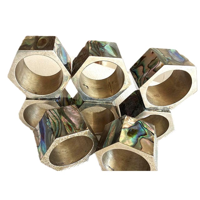 Vintage Mexican Alpaca Abalone Inlay Napkin Rings Set of 8 For Sale - Image 10 of 10