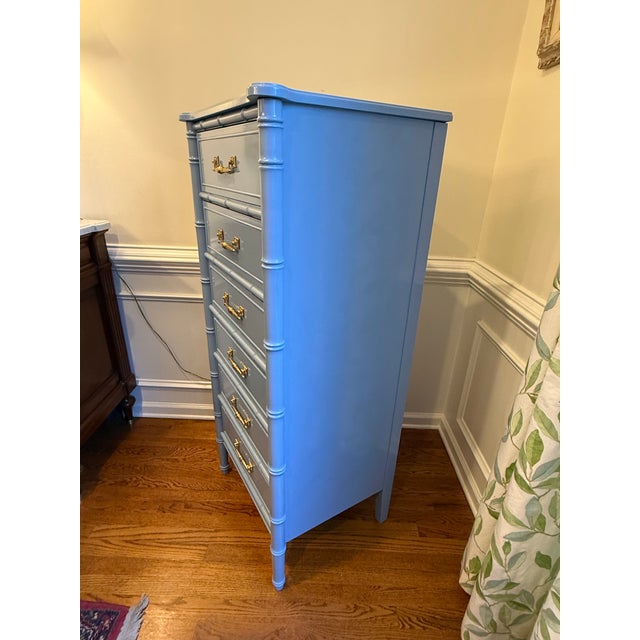 Wood 1970s Henry Link Bali Hai Faux Bamboo Lingerie Chest in Custom High-Gloss Blue Lacquer For Sale - Image 7 of 9