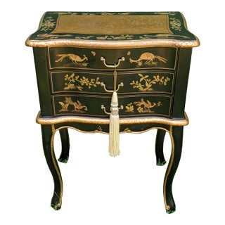 Mid 20th Century Asian Black Lacquer Hand-Painted Chinoiserie 3-Drawer Chest Gearys Beverly Hills For Sale