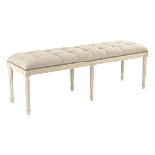 Louis Nailhead Tufted Bench in Linen with Ivory Painted Frame For Sale
