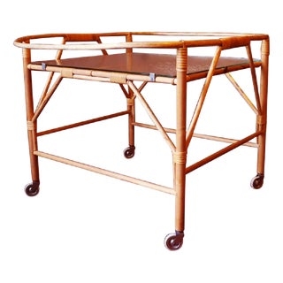 Fine Serving Trolley in Bamboo and Frosted Glass, 1950s For Sale