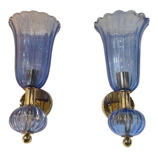 Contemporary Murano Blue Glass and Brass Sconces - a Pair For Sale