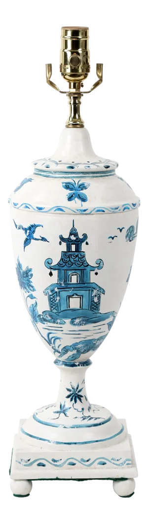 Vintage Hand Painted Blue and White Chinoiserie Table Lamp